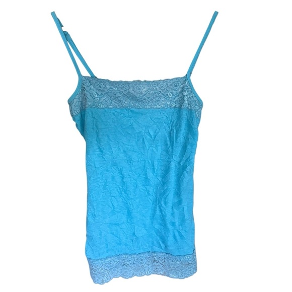 Y2K Womens Cami Tank Lace Trim Crinkle Turquoise Adjustable Straps Camisole - Picture 1 of 10